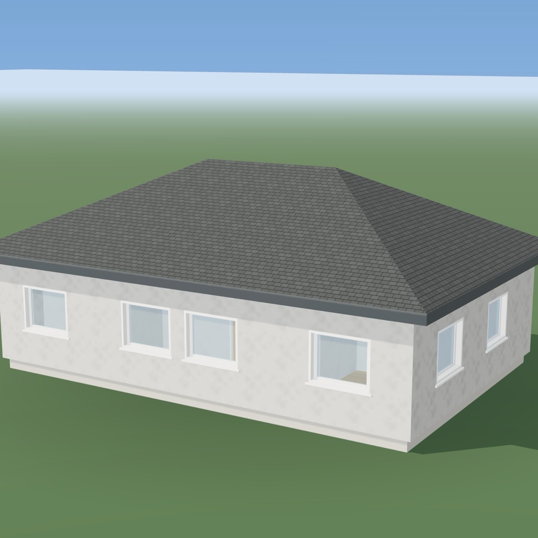 A generated three-bedroom house seen from the corner