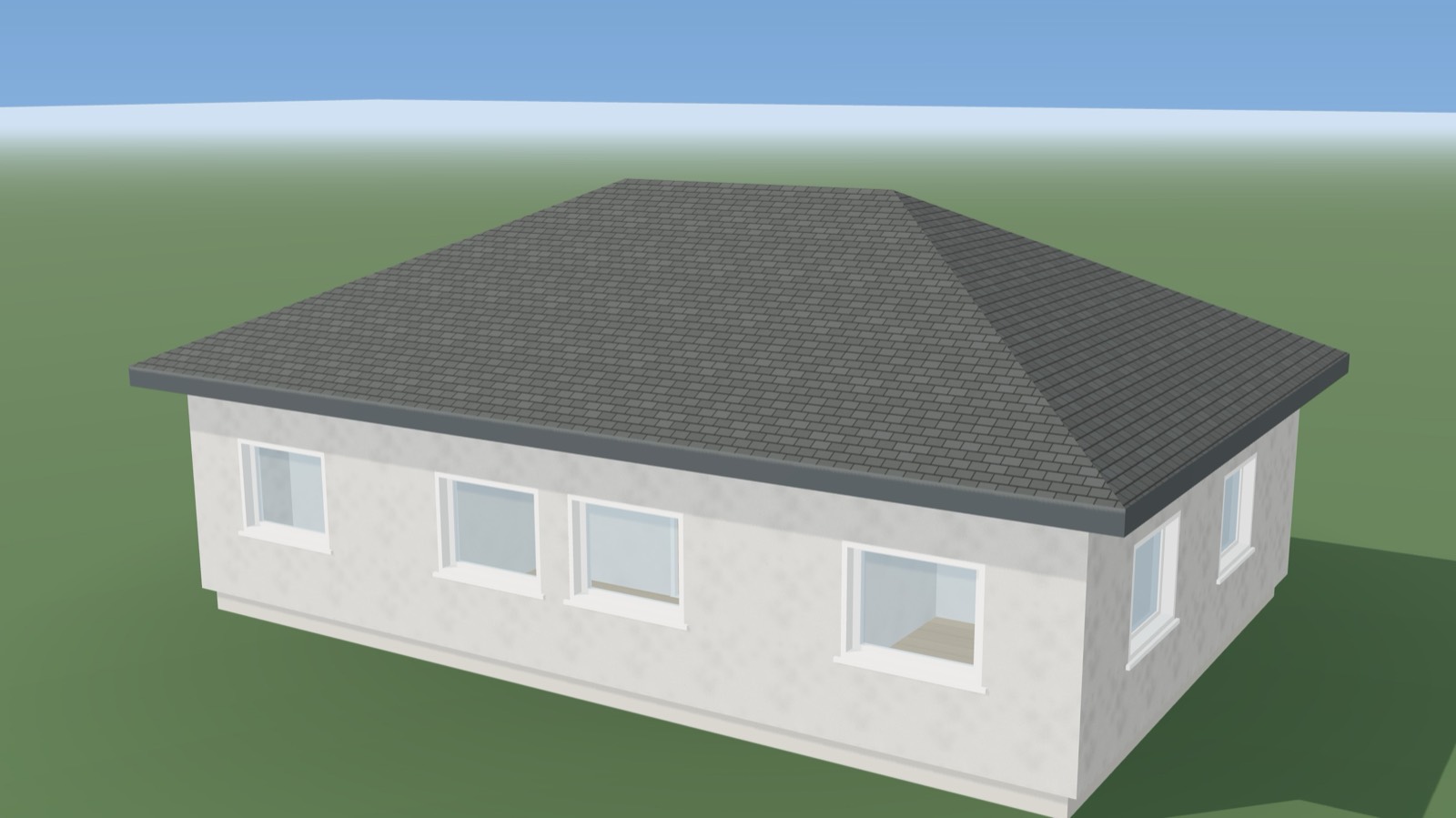 A five-bedroom PlanForge design as a solid model: rendered walls, glazed openings, hung doors and a hipped roof over the whole footprint