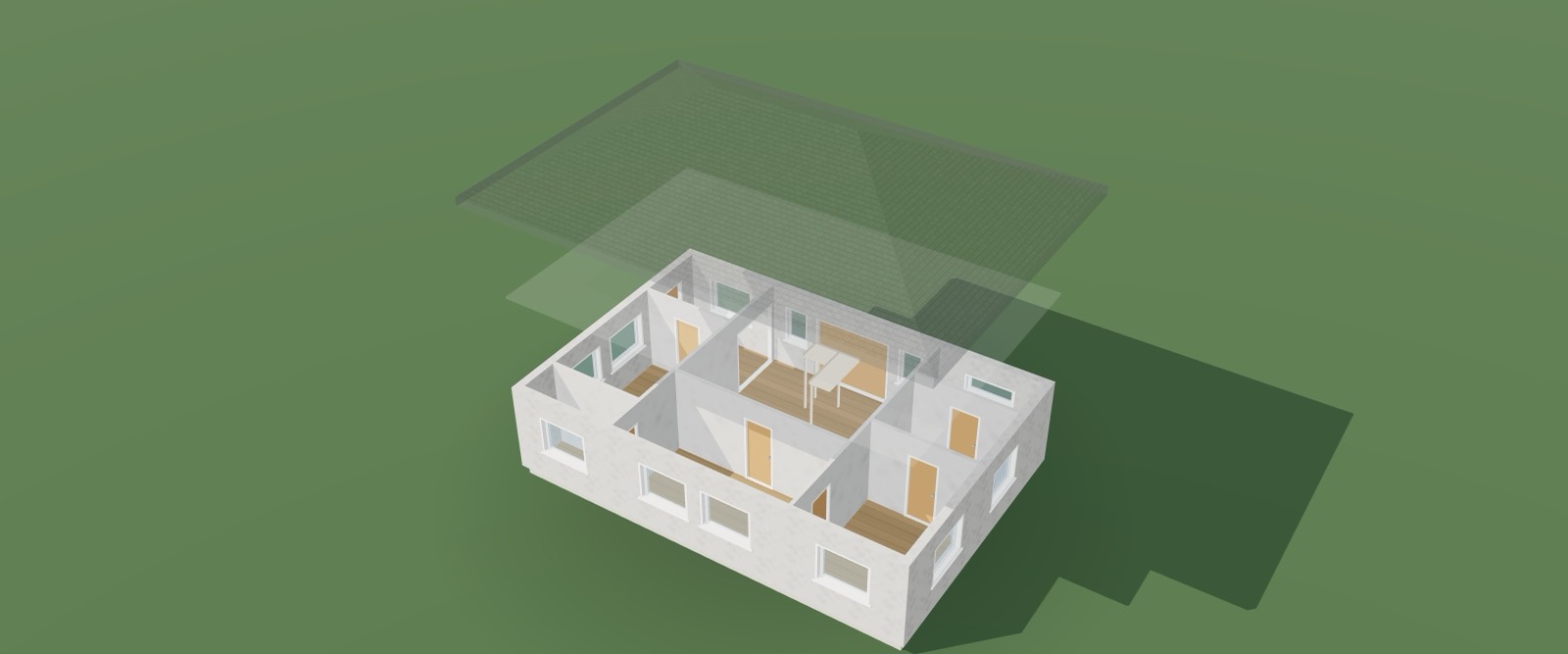The house with its roof lifted, showing the rooms below
