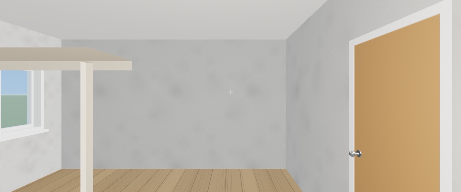 A first-person view from inside the house, looking through a doorway