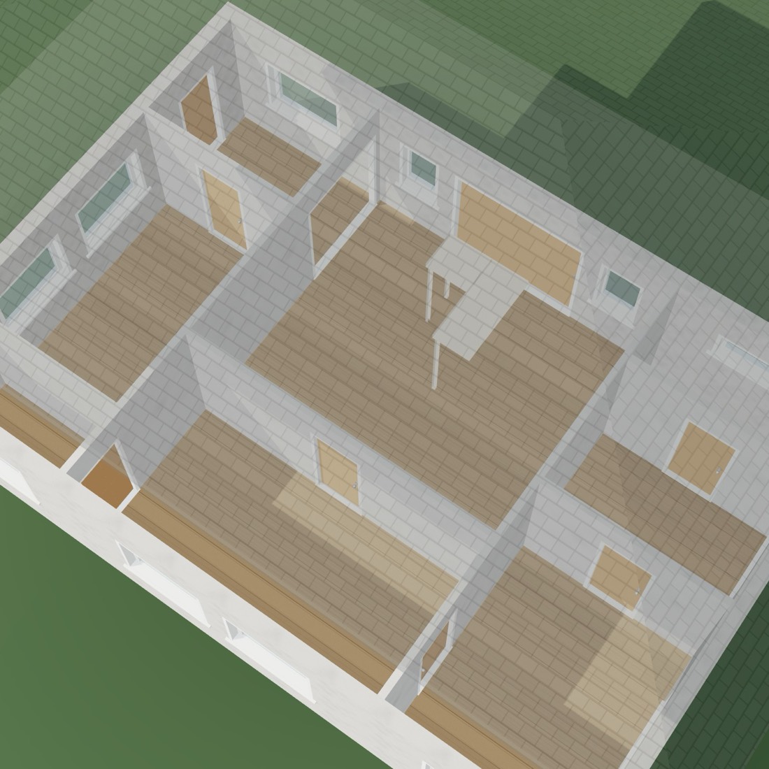 A house plan seen from above with the roof lifted, showing the rooms