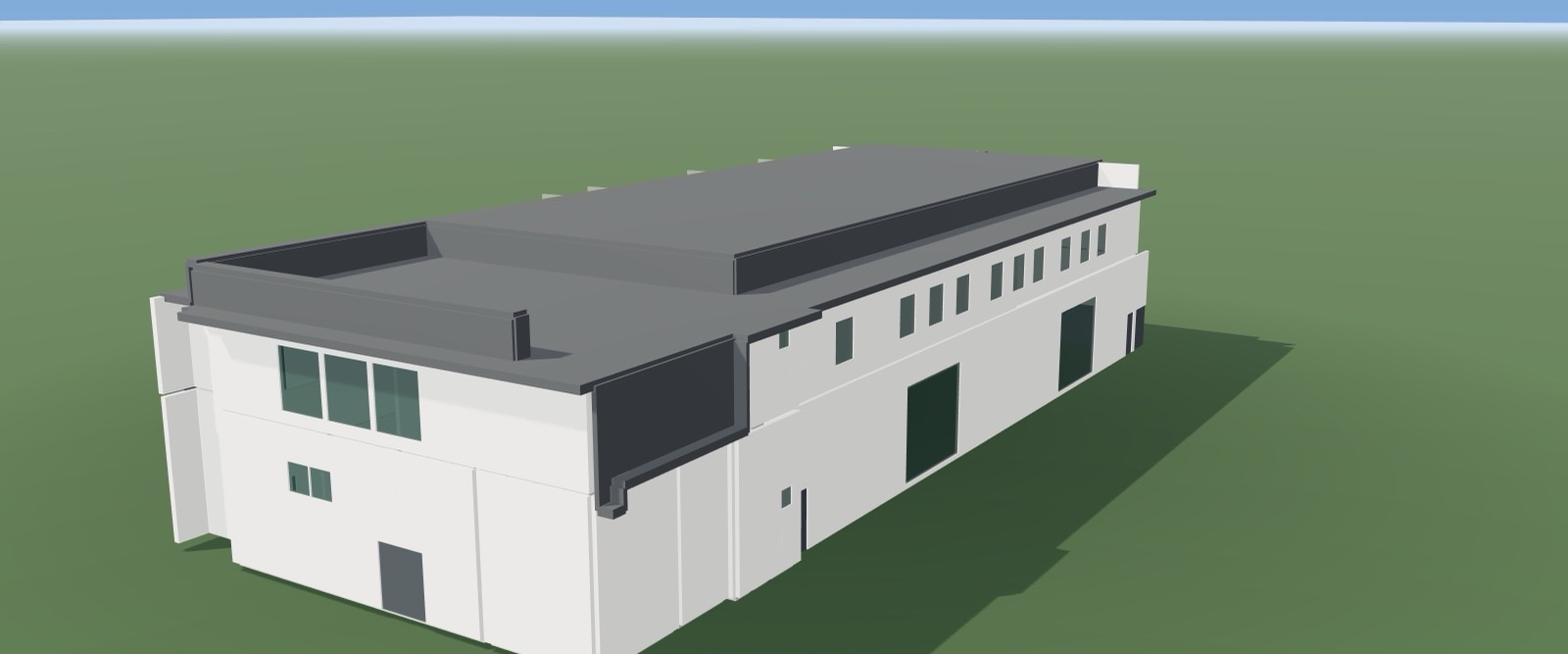 A two-storey light-industrial building rebuilt as a measured 3D model out of an imported drawing set