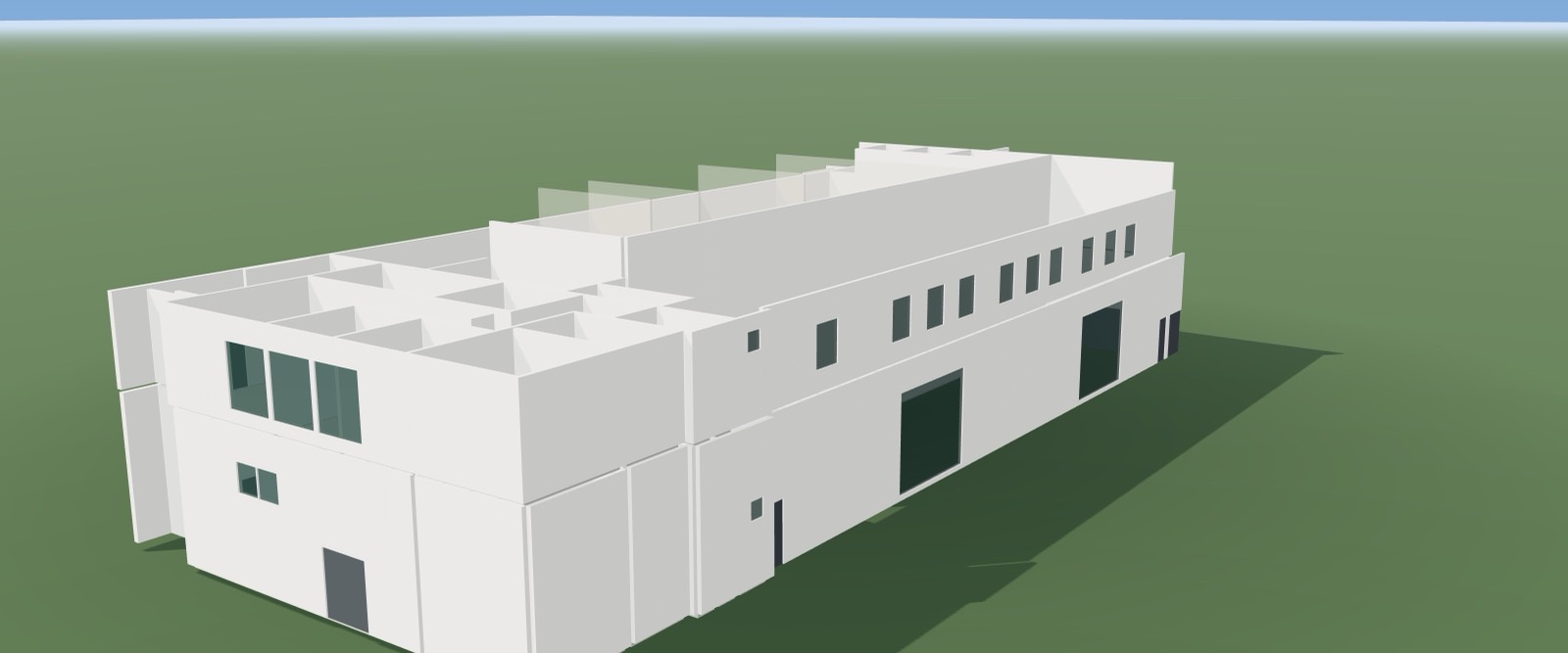 The factory with its roof removed, showing the internal partitions on both storeys