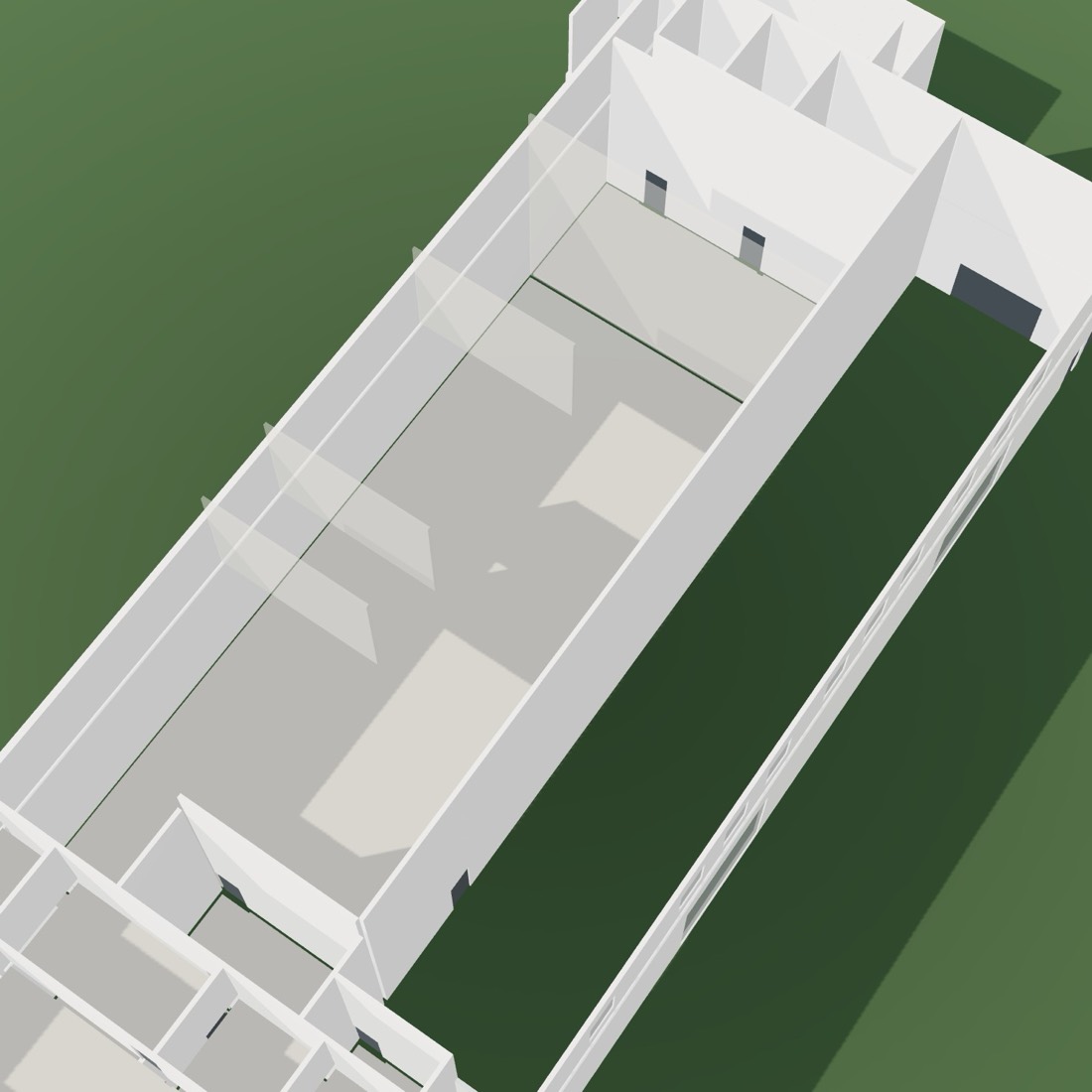 A factory building reconstructed from an imported PDF, seen from above with the roof off